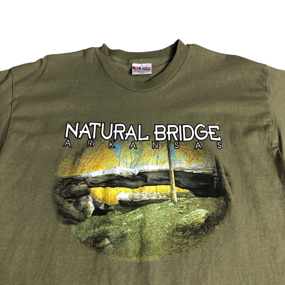 Vintage Bayside Natural Bridge Arkansas Shirt Mens L Green Cotton USA Outdoor